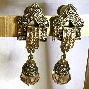 Heidi Daus Swarovski Crystals Vintage clip on Art Deco style earrings EUC